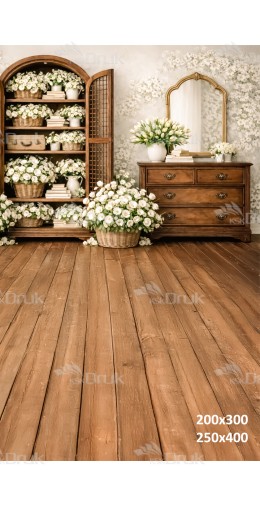 Tło fotograficzne „Drewniana komoda z lustrem i białymi kwiatami” | E842